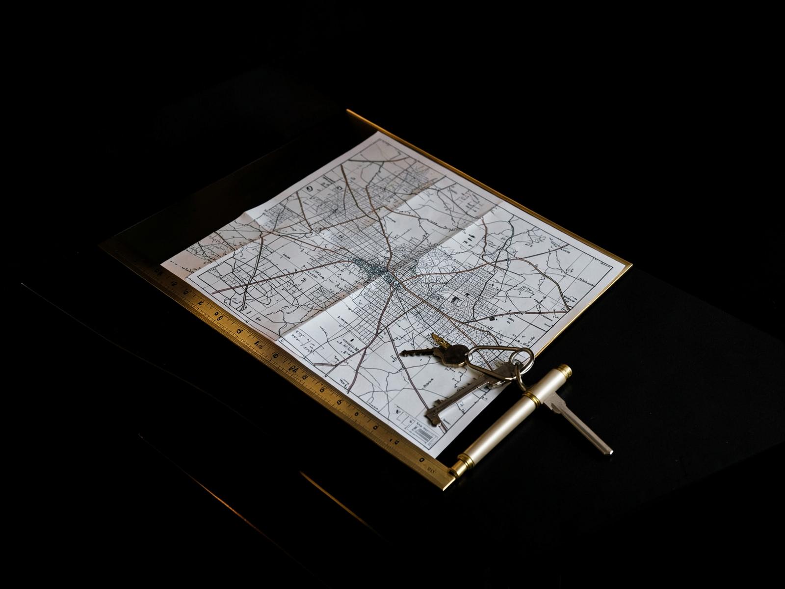 A folded city map, brass ruler, pen and keys on a dark desk — a placeholder composition until a verified portrait of Daniel is supplied