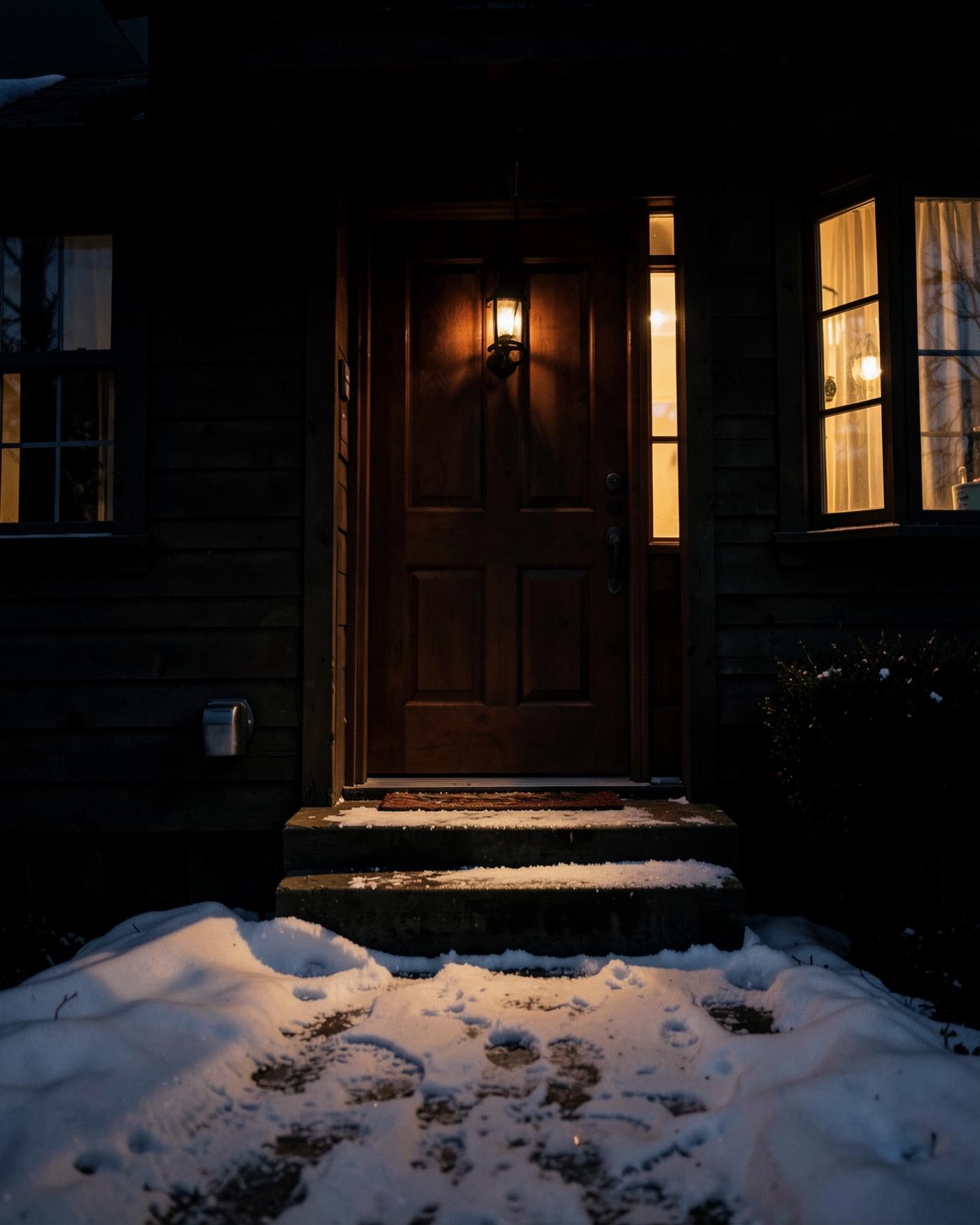 Lit front door of a character home on a snowy winter evening