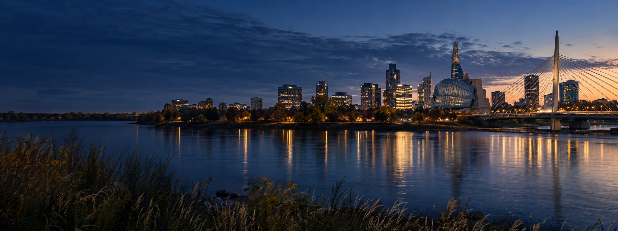 Winnipeg skyline at dusk above the river, seen from a riverbank pathway